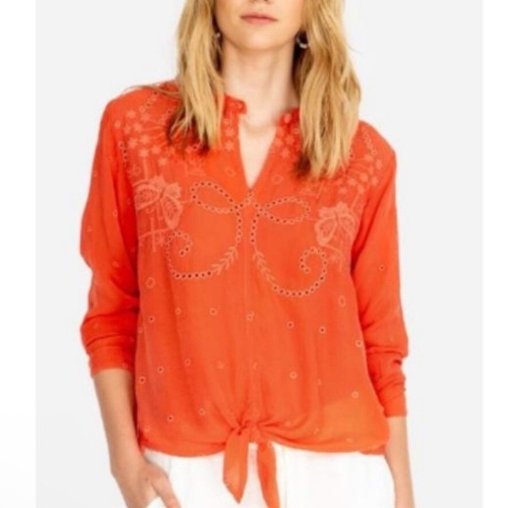JOHNNY WAS Sunrise Orange Naple Tie Waist Embroidered Blouse Top Size Small New